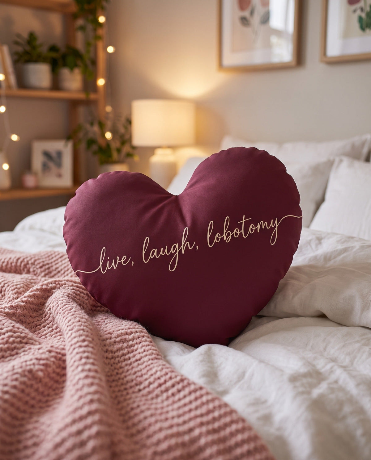 Live Laugh Lobotomy Heart Pillow - Burgundy