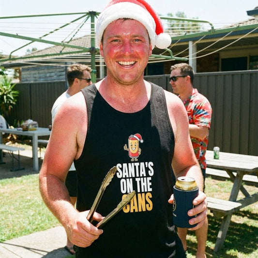 Santa's On The Cans Singlet at the Christmas barbie