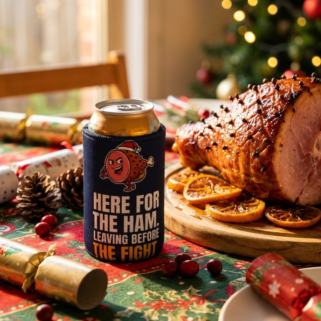 Here For The Ham stubby cooler next to the Christmas ham