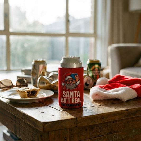 Santa Isn't Real stubby cooler on Boxing Day