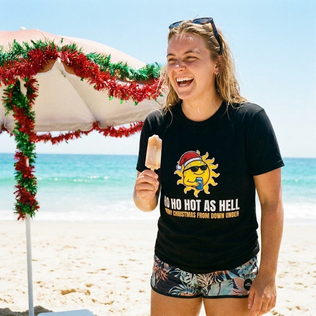 Ho Ho Hot As Hell Tee at the beach on Christmas Day